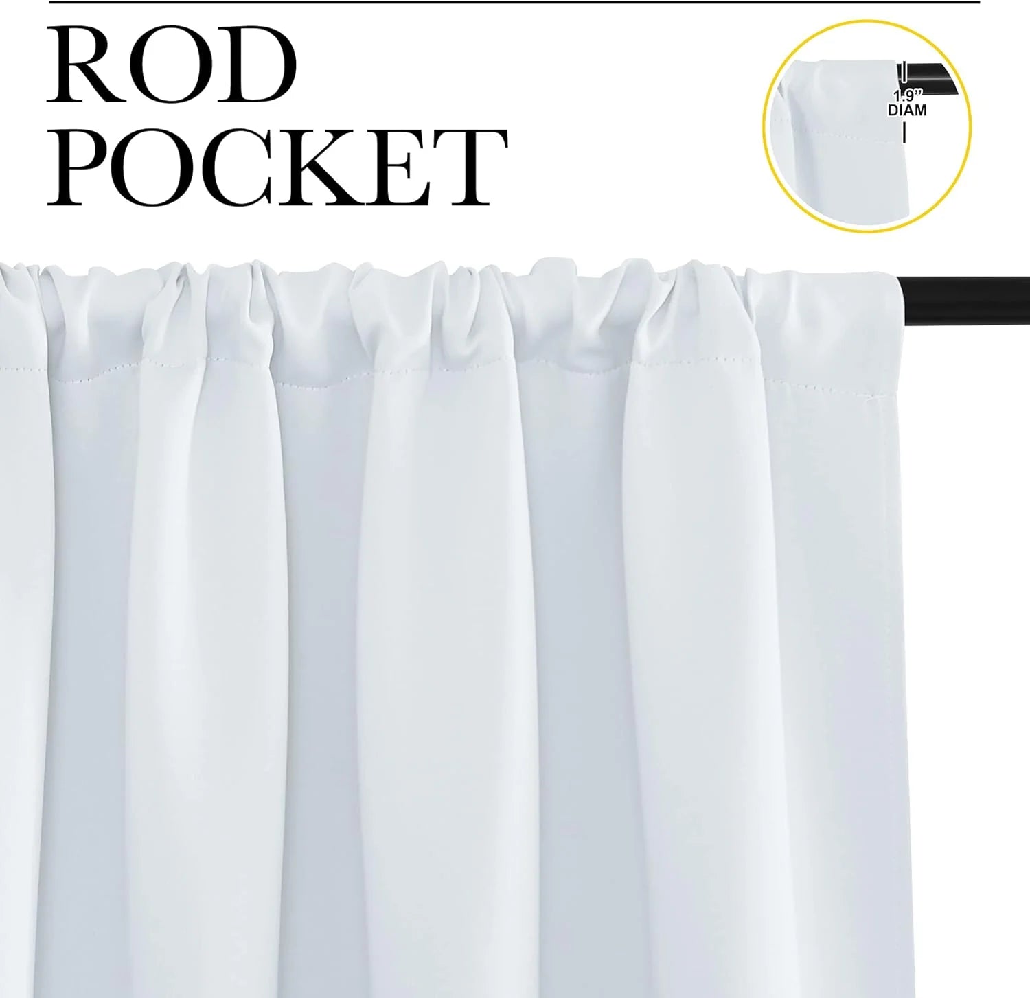 White rod pocket curtain panel with gathered top on a black rod, detailed view.