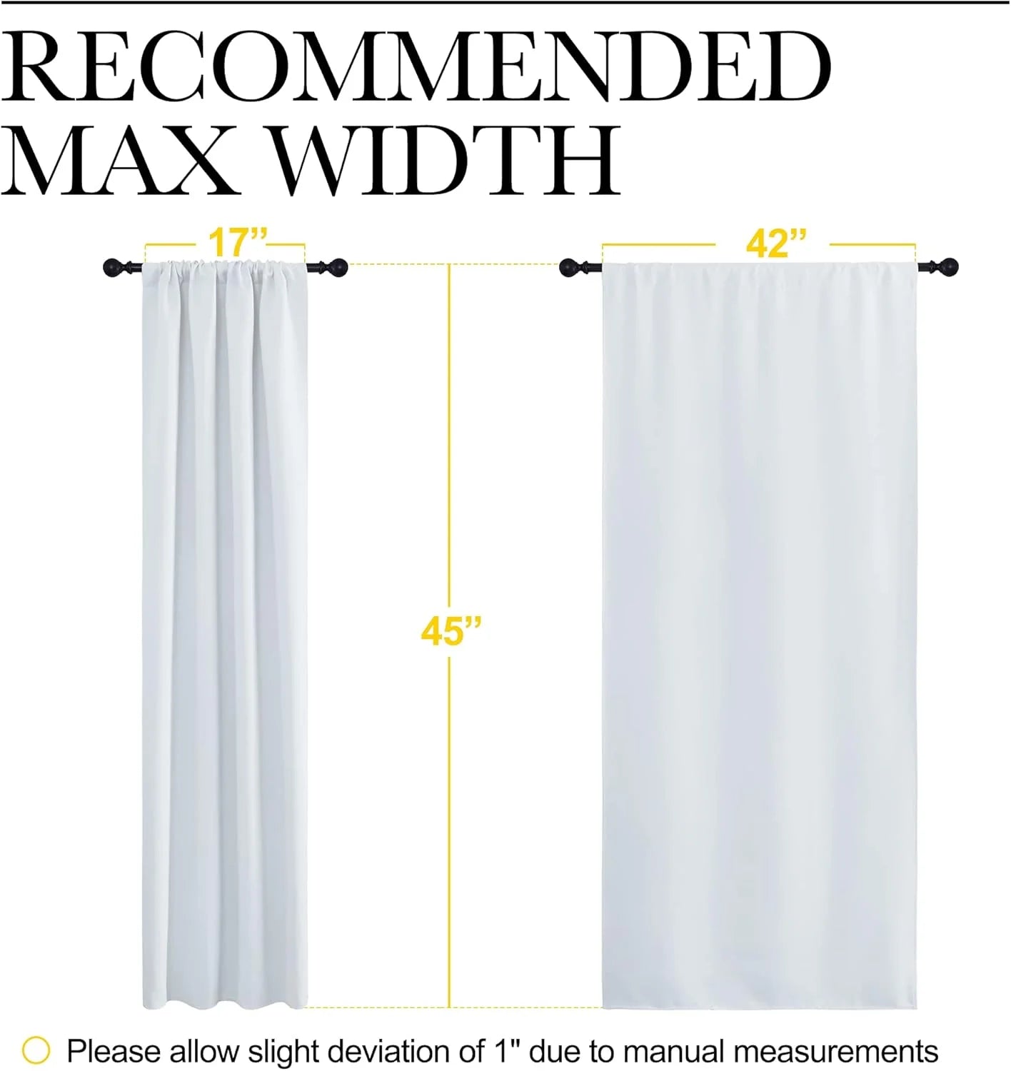 White rod pocket curtain panel size chart showing 17 to 42 inch max width and 45 inch length