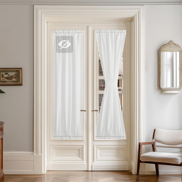 White sheer rod pocket curtains on French doors. One panel tied back, the other provides full privacy.