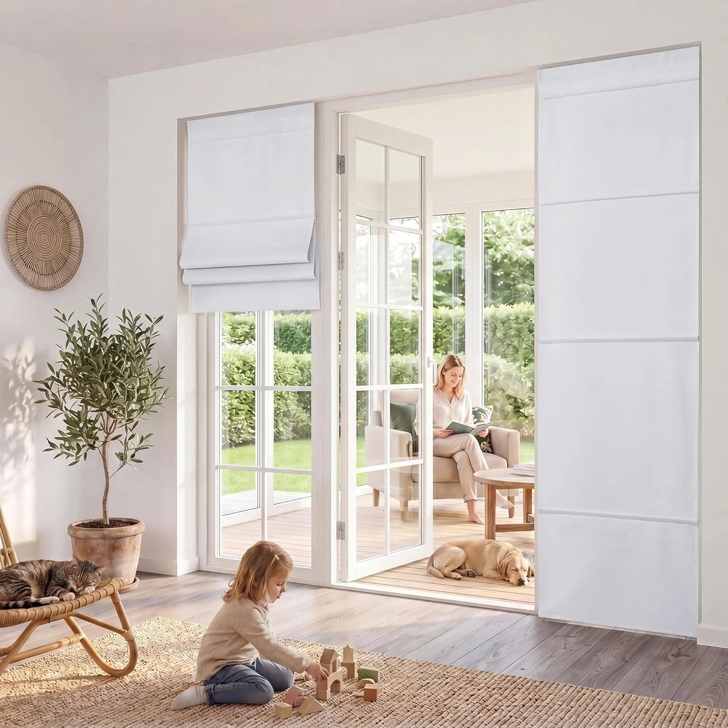 White Roman and panel blinds in bright, family-friendly living room with child and pets