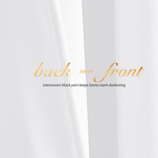 White room darkening curtain fabric. Textured back reveals interwoven black yarn; smooth front.