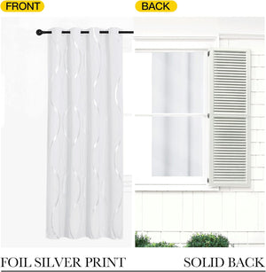 White room darkening curtain with wavy silver foil print and grommet top, shown front and solid back for opacity.