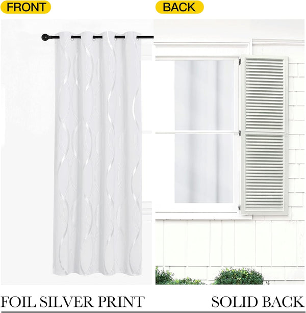 White room darkening curtain with wavy silver foil print and grommet top, shown front and solid back for opacity.