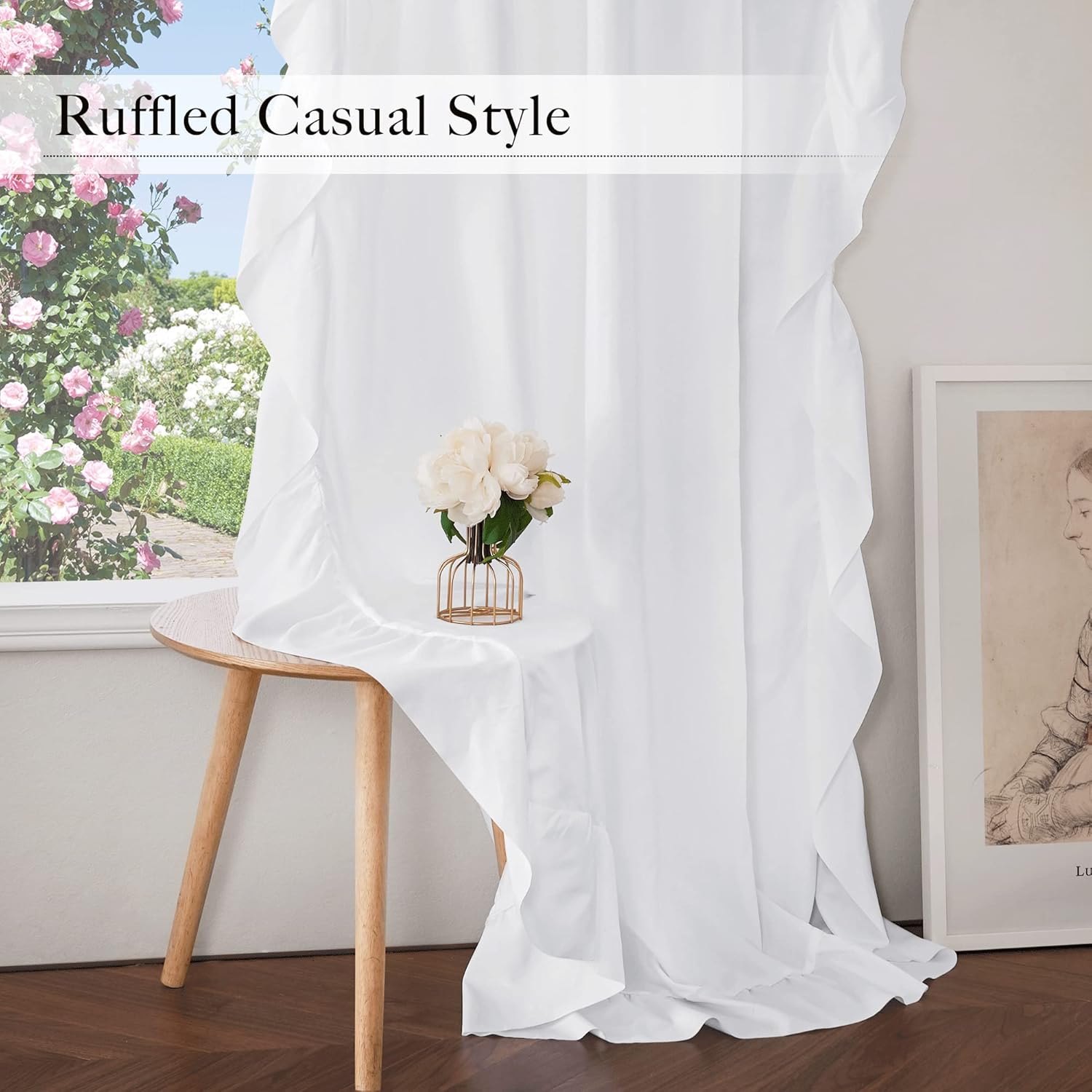 Flowy white ruffled casual curtain hanging by a window overlooking a sunny rose garden.