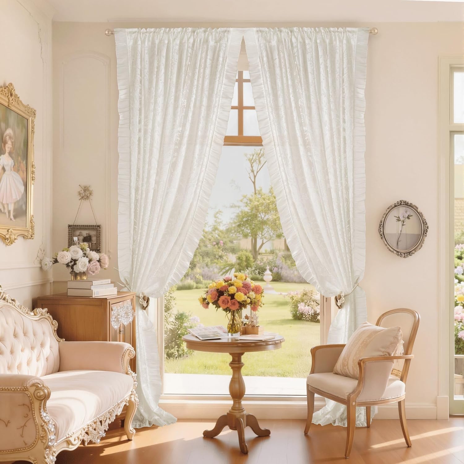 Elegant white ruffled rod pocket curtains with subtle damask pattern, tied back, in a bright traditional room.