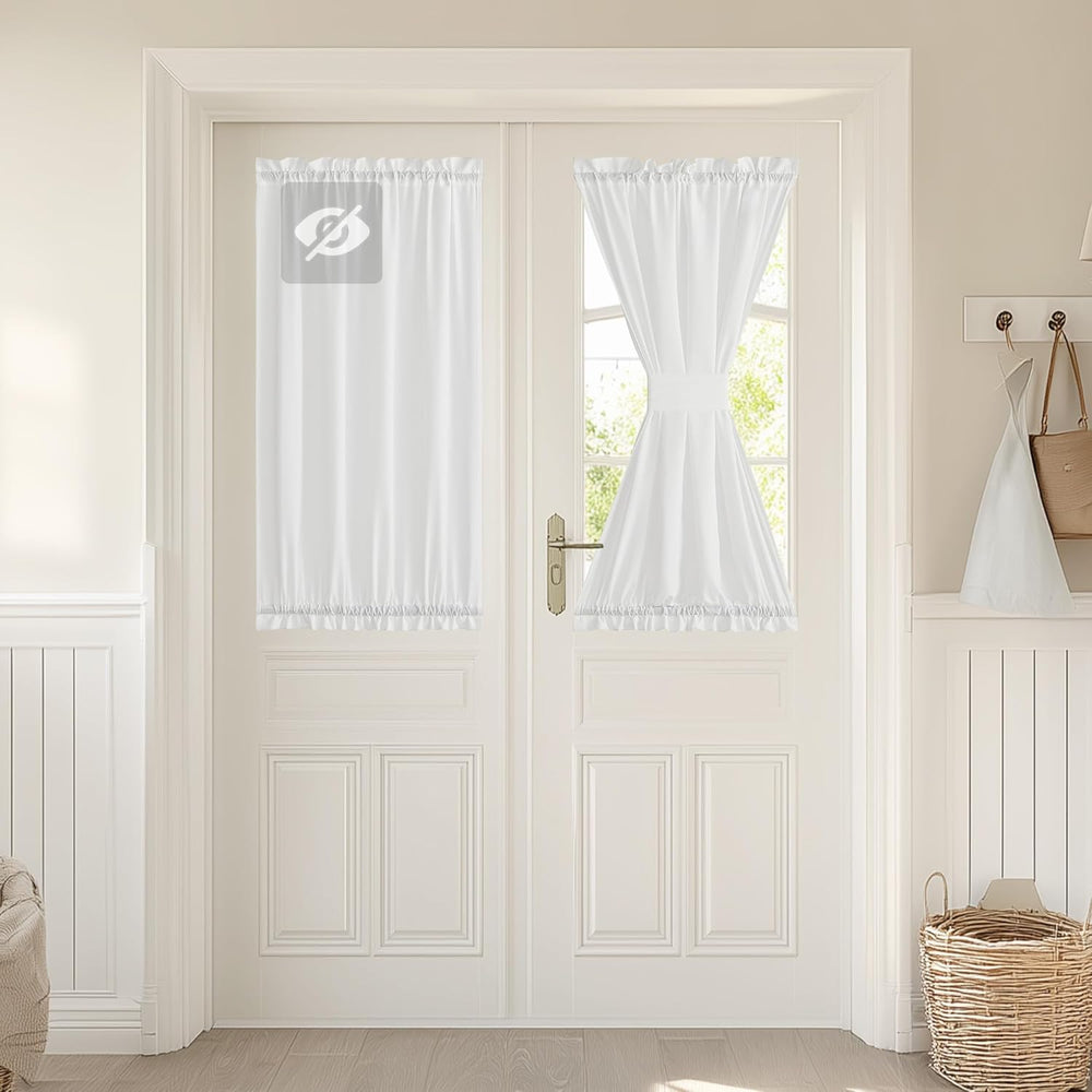 White ruffled door window curtains with rod pockets, one panel tied back for light.
