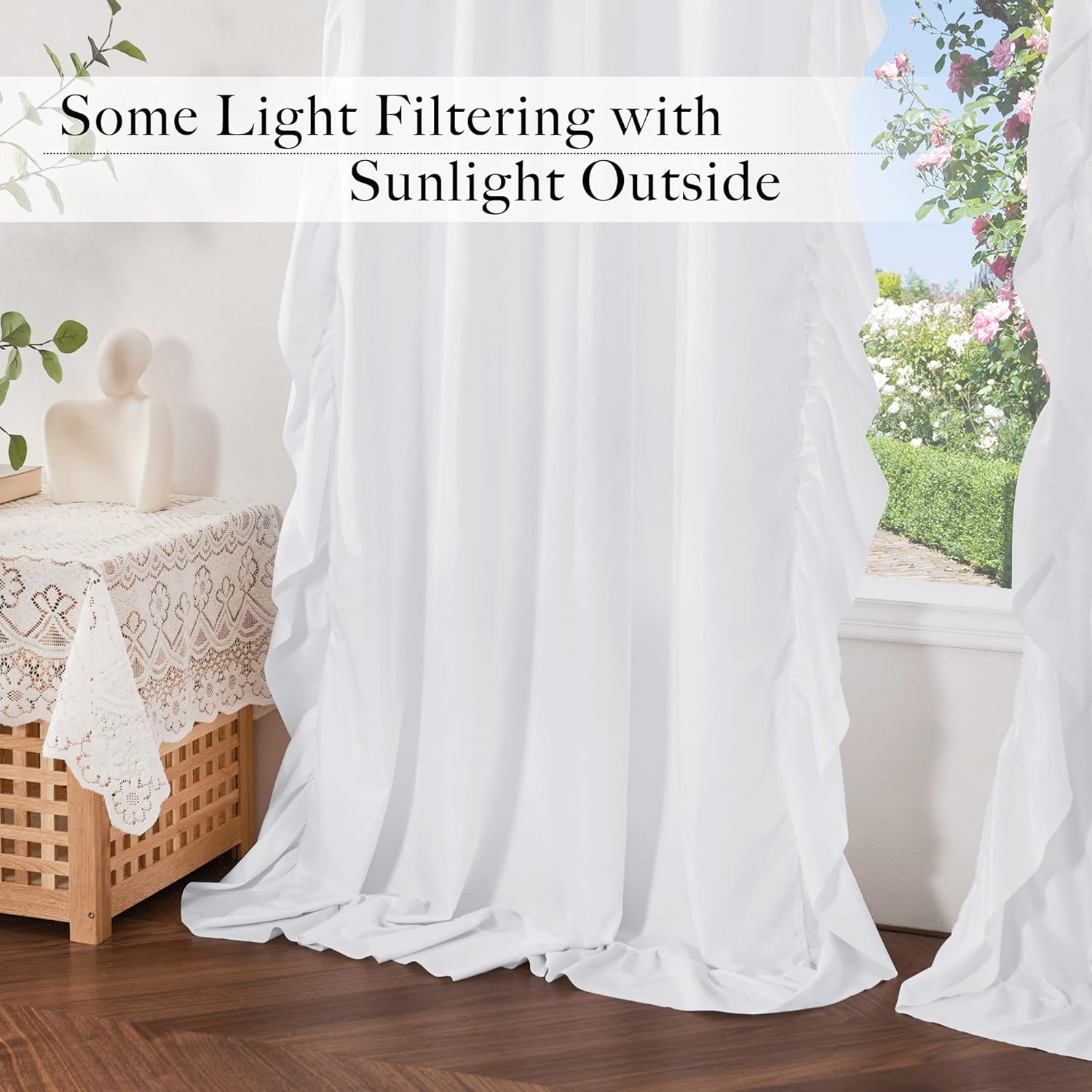 White ruffled light filtering window curtains, softening sunlight from a bright garden view.