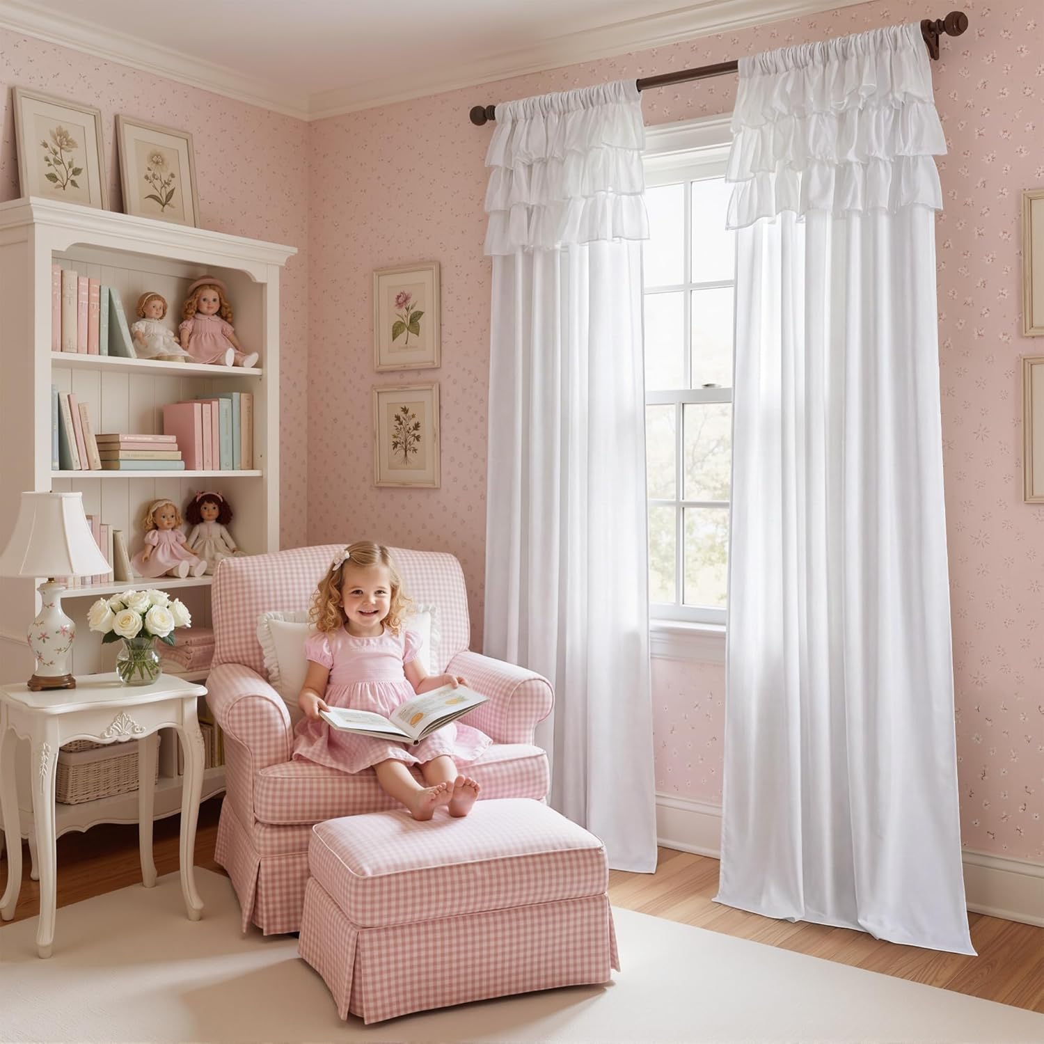 White ruffled curtains featuring tiered ruffles at the top, adorning a pink child's room.
