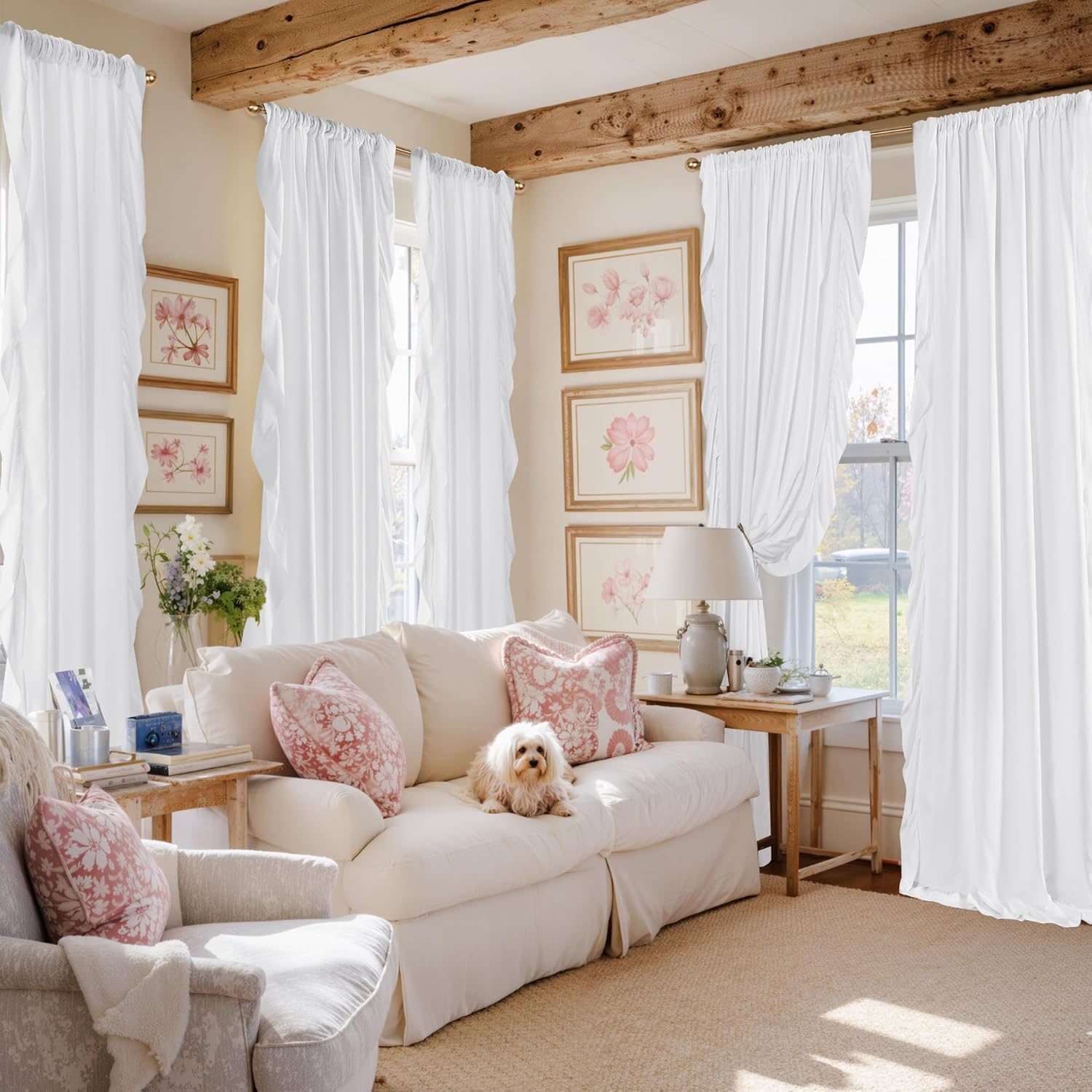 Soft white ruffled rod pocket curtains with a relaxed fabric texture, hanging in a sunny farmhouse living room.