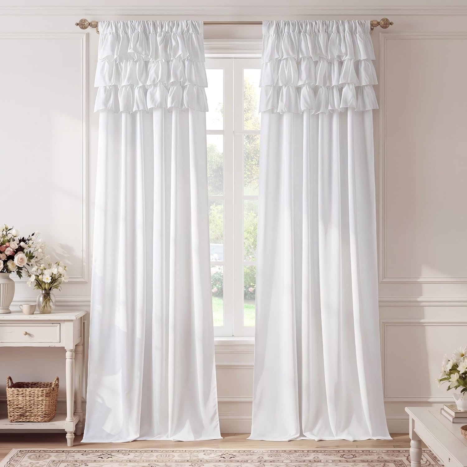 Elegant white floor-length curtain panels with a gathered ruffled top design, hanging on a decorative rod.