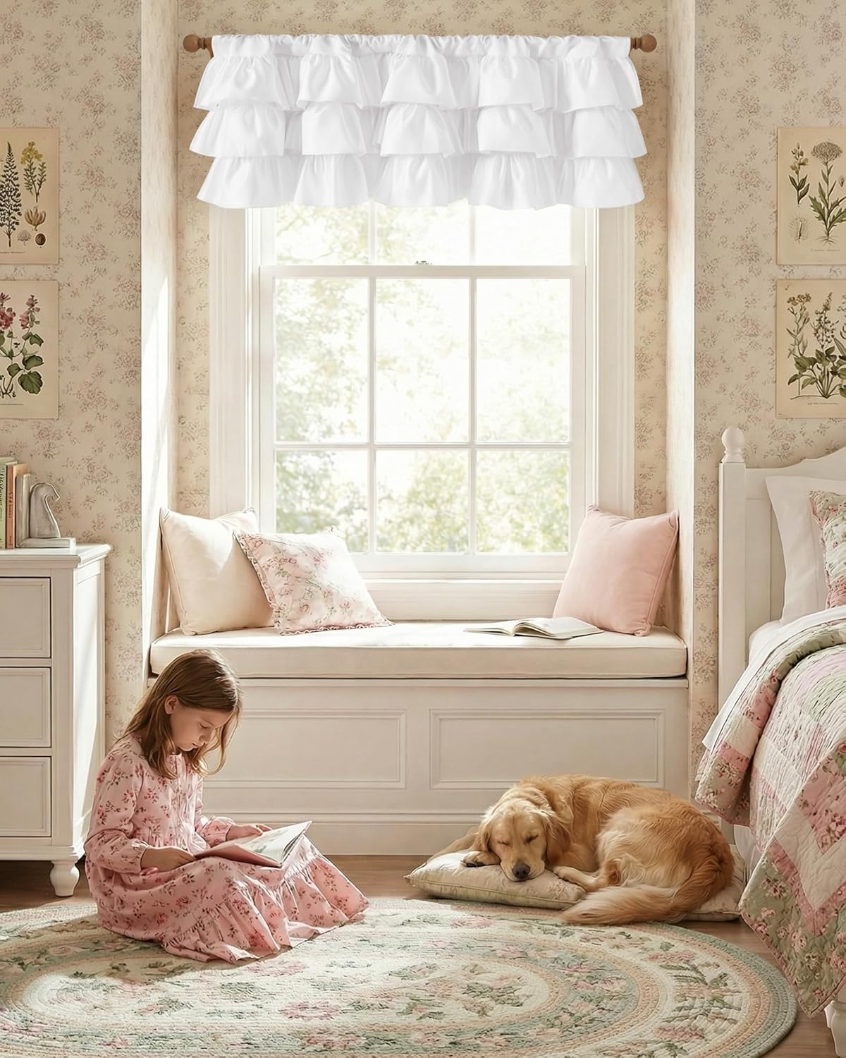 White ruffled tiered window valance with rod pocket, hanging above a window seat in a cozy bedroom.