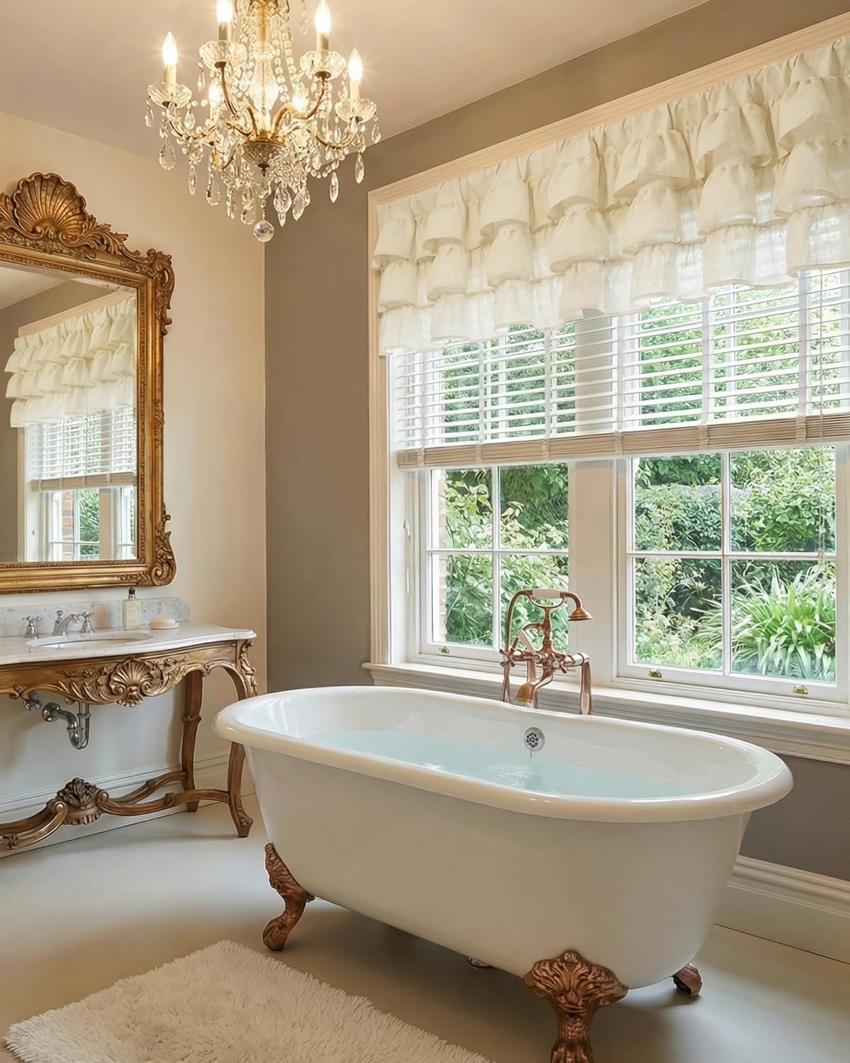 White ruffled valance with elegant layered fabric over window in luxurious bathroom.