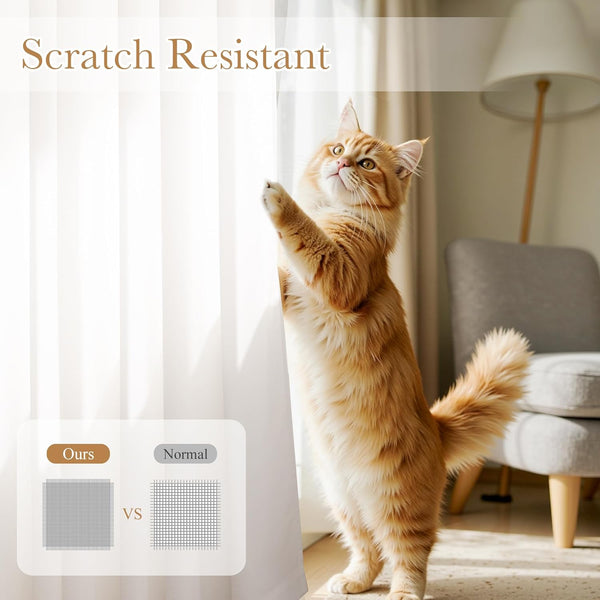 Fluffy orange cat playfully batting a white scratch-resistant curtain, showcasing its pet-friendly durability.