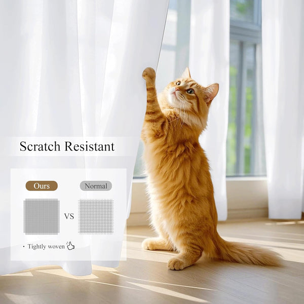 White sheer curtains with tightly woven, scratch-resistant fabric, demonstrated by an orange cat playing.