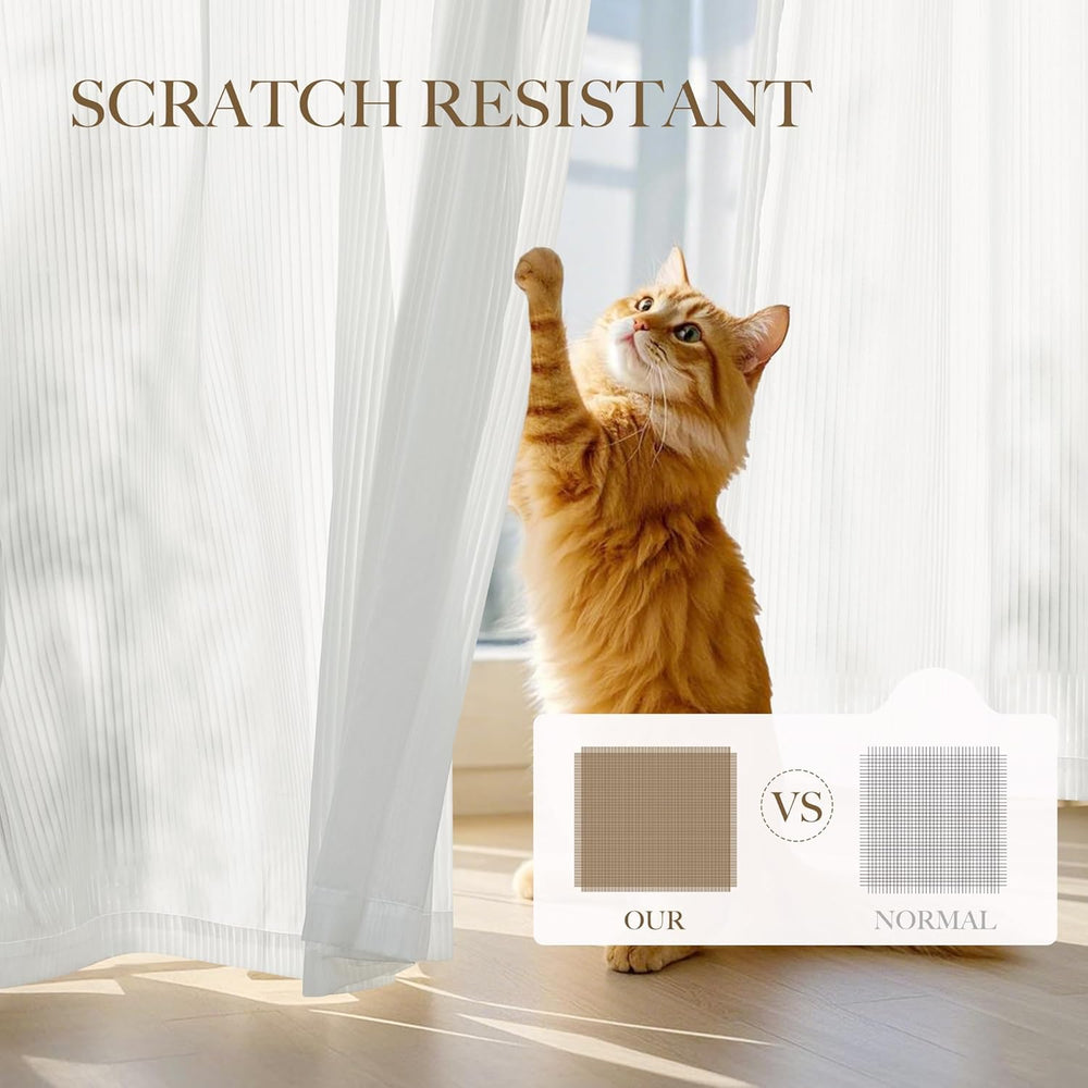 White ribbed sheer scratch-resistant curtains with an orange cat playing; comparison shows tight weave.