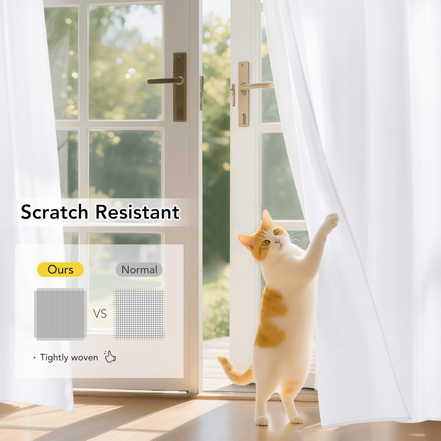 White tightly woven scratch-resistant curtains with a playful orange and white cat reaching up.