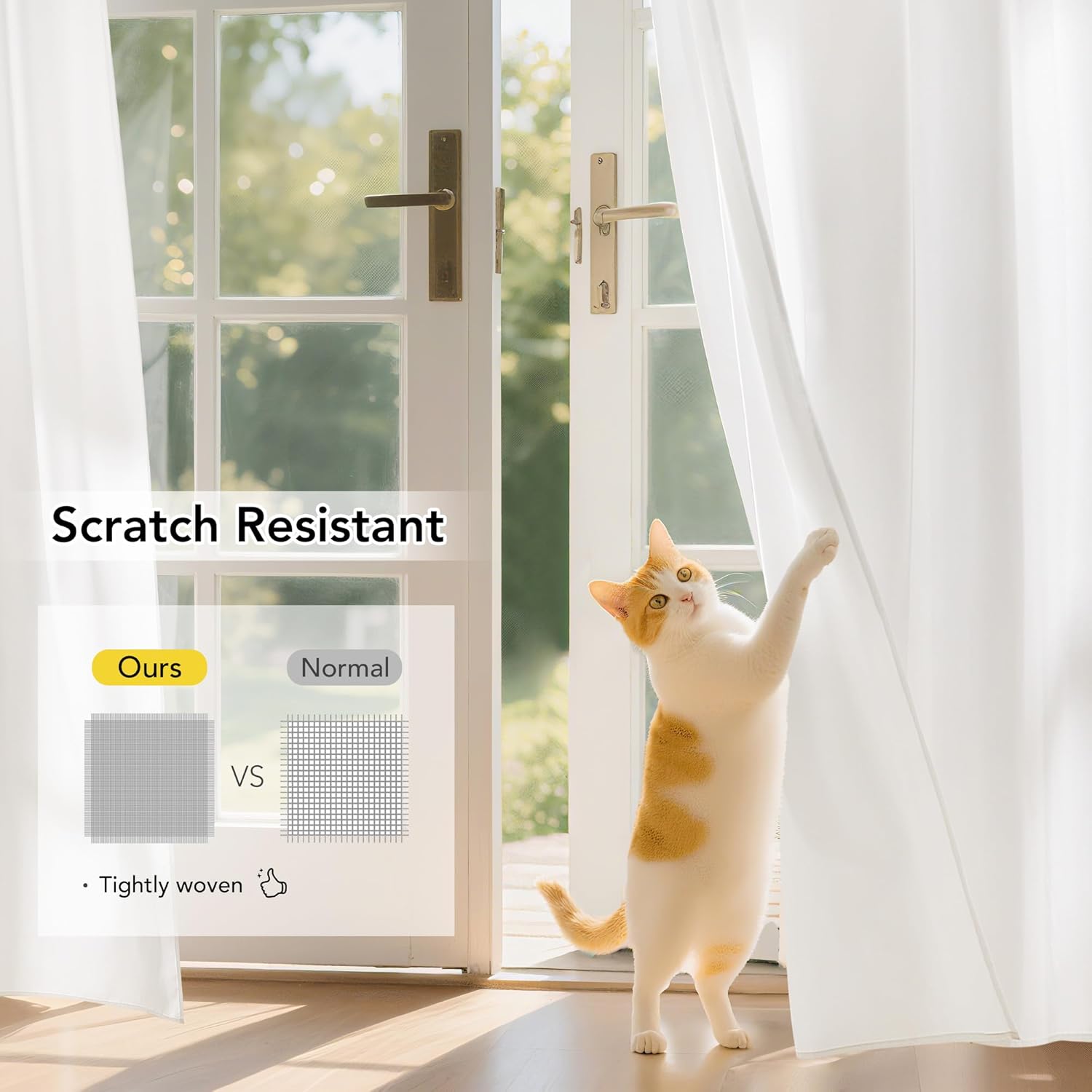 White sheer curtain featuring scratch-resistant, tightly woven fabric, with a cat playfully touching it.