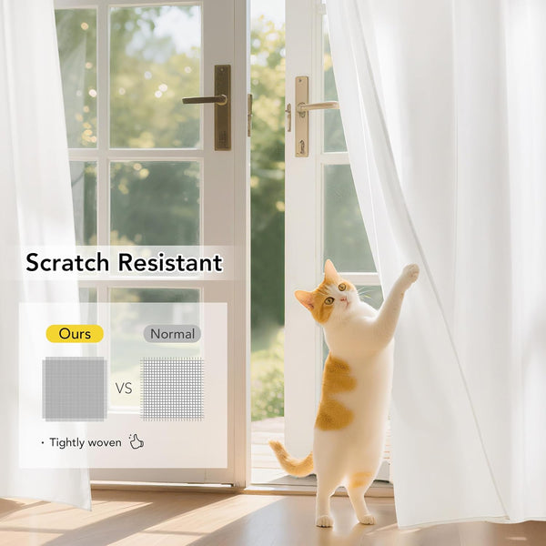 White sheer curtain featuring scratch-resistant, tightly woven fabric, with a cat playfully touching it.