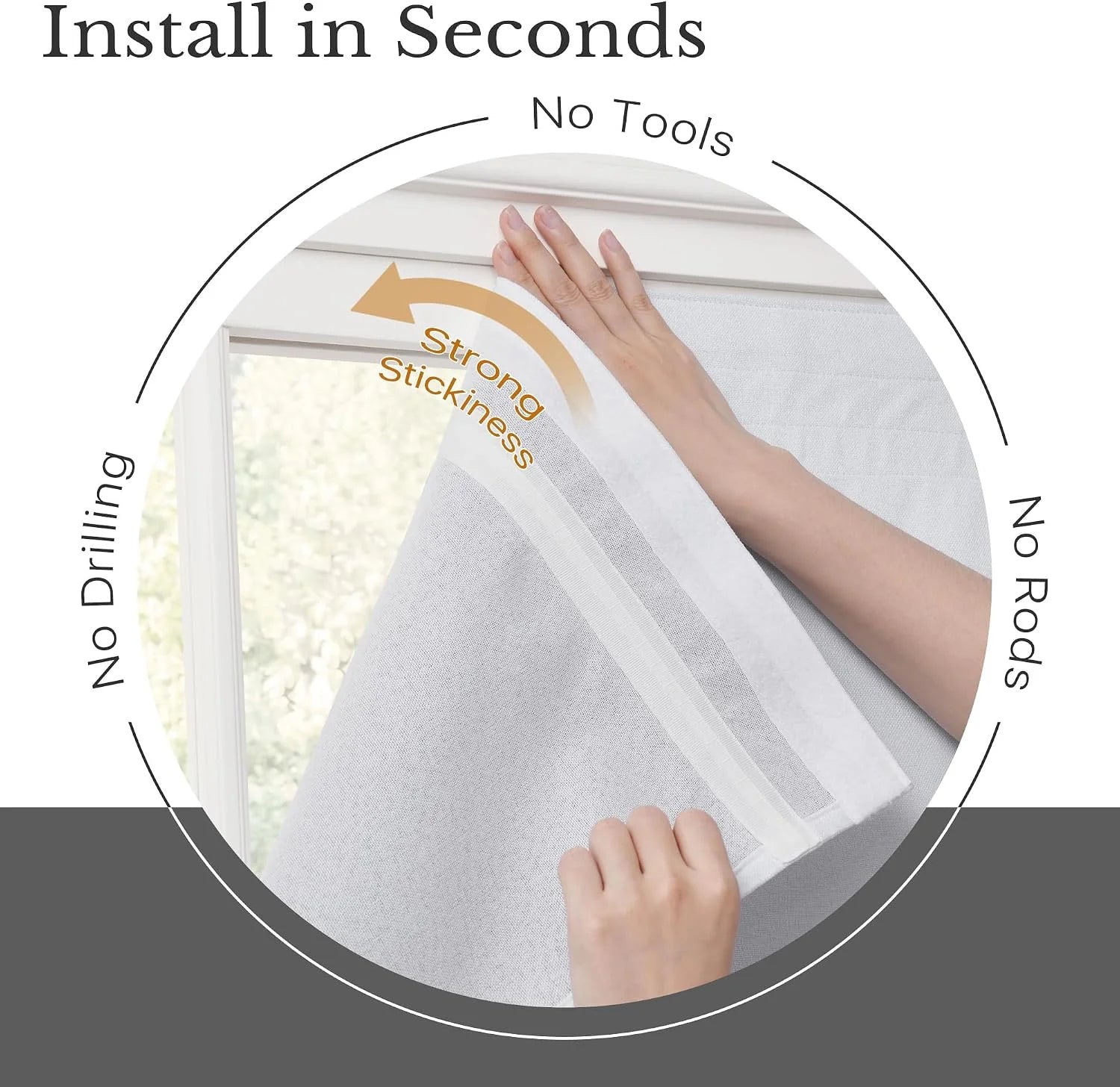 Hands applying a white self-adhesive window blind to a window frame, emphasizing strong stickiness
