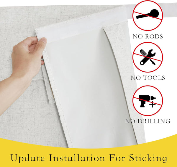 Hand shows white self-adhesive curtain backing. Easy no-drill installation, no rods, no tools.