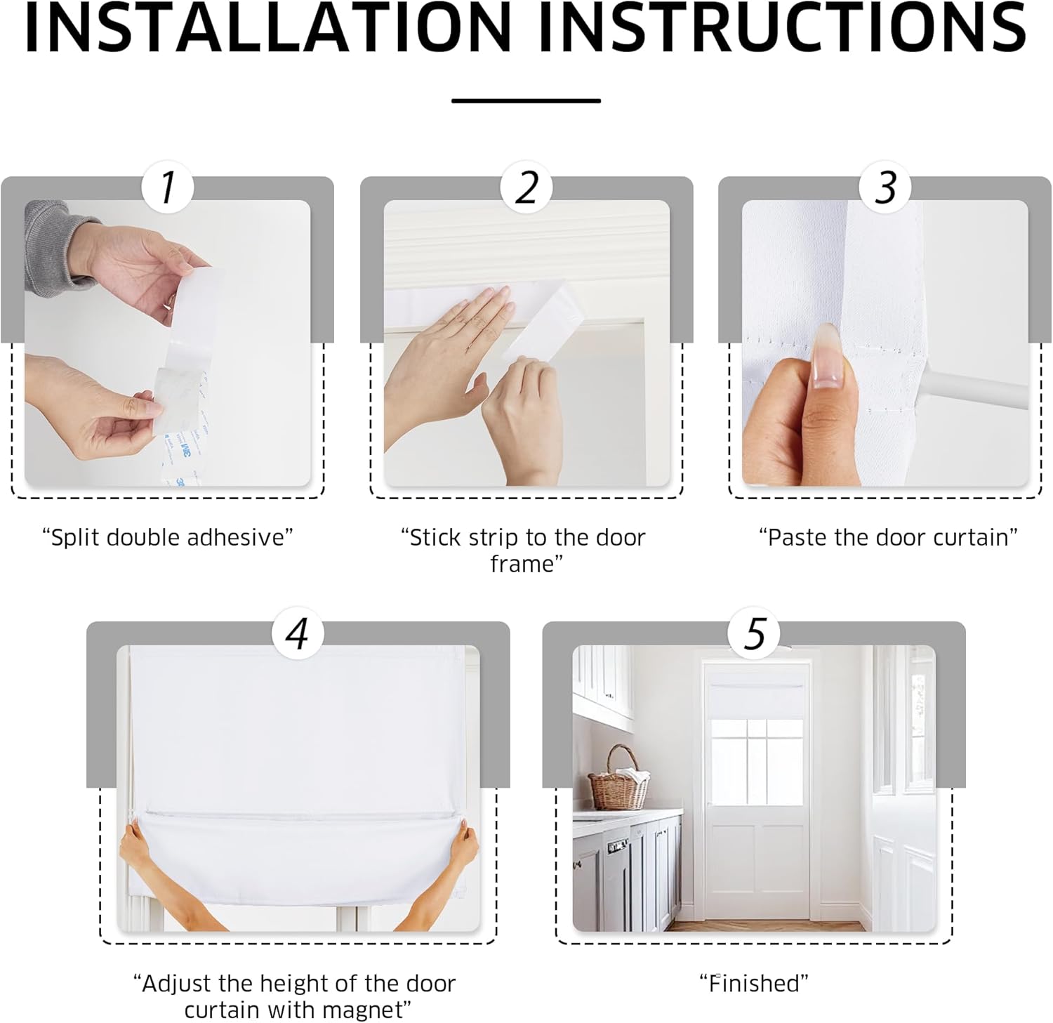 Installation steps for a white self-adhesive magnetic door curtain. Shows attaching to frame and adjusting height.