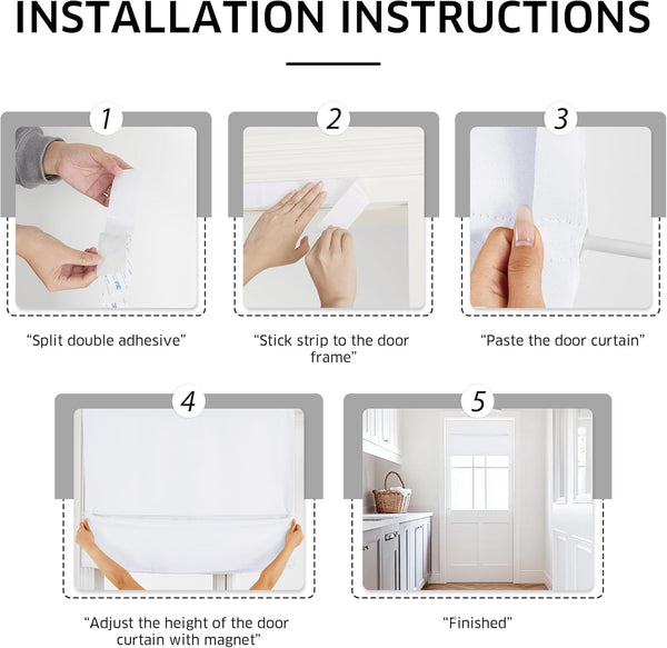 Installation steps for a white self-adhesive magnetic door curtain. Shows attaching to frame and adjusting height.