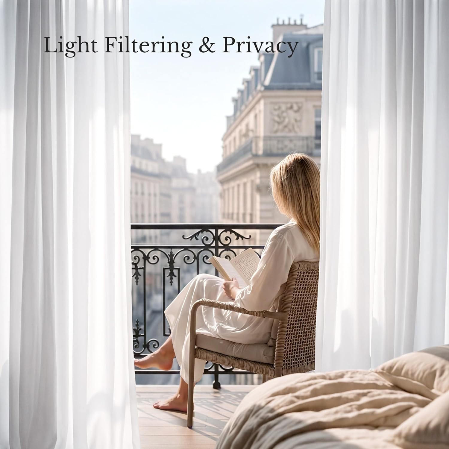 Elegant white sheer curtains frame a sunny balcony view, offering light filtering and privacy.