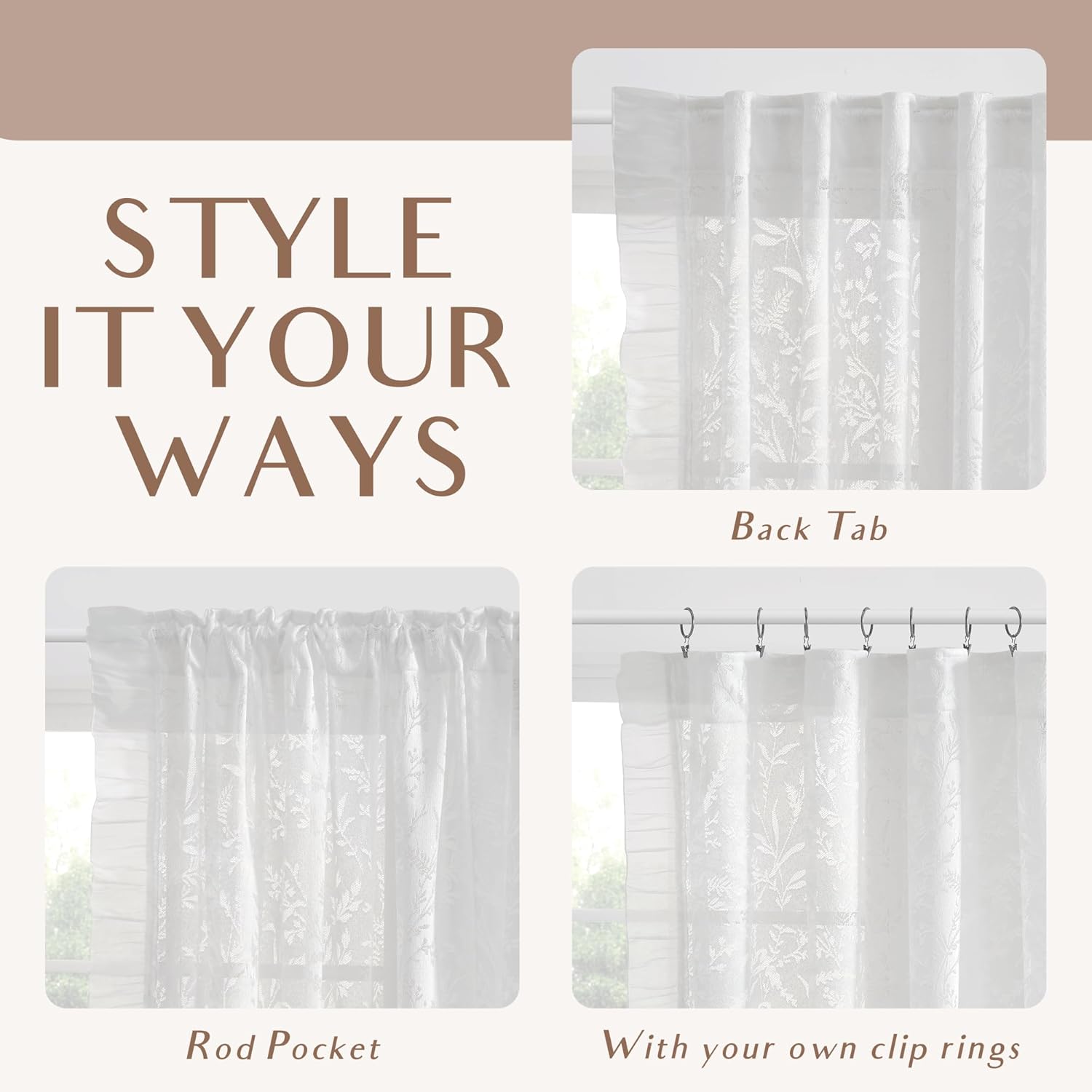 White sheer curtains, botanical pattern, displayed with back tab, rod pocket, and clip ring styles.