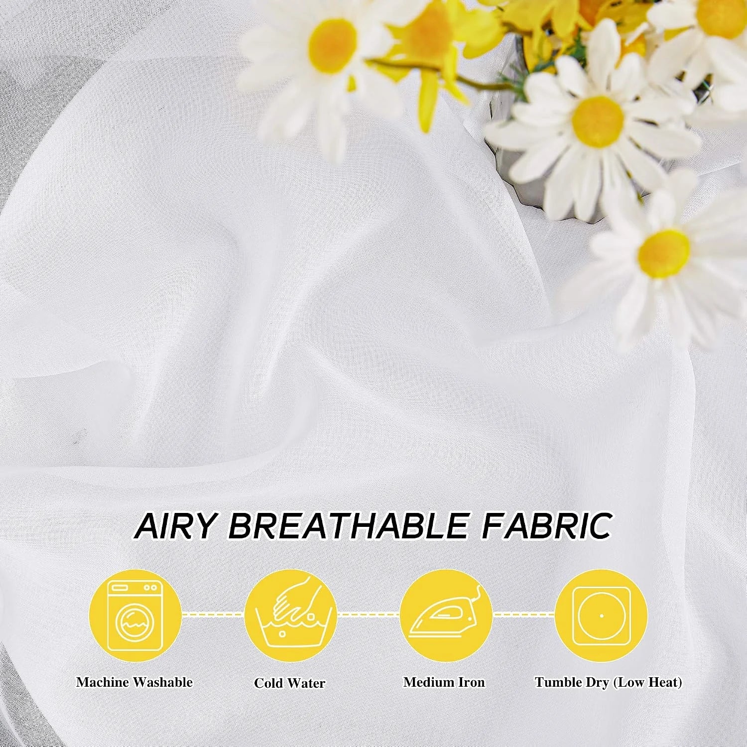 White sheer breathable curtain fabric with daisy flowers and care instruction icons
