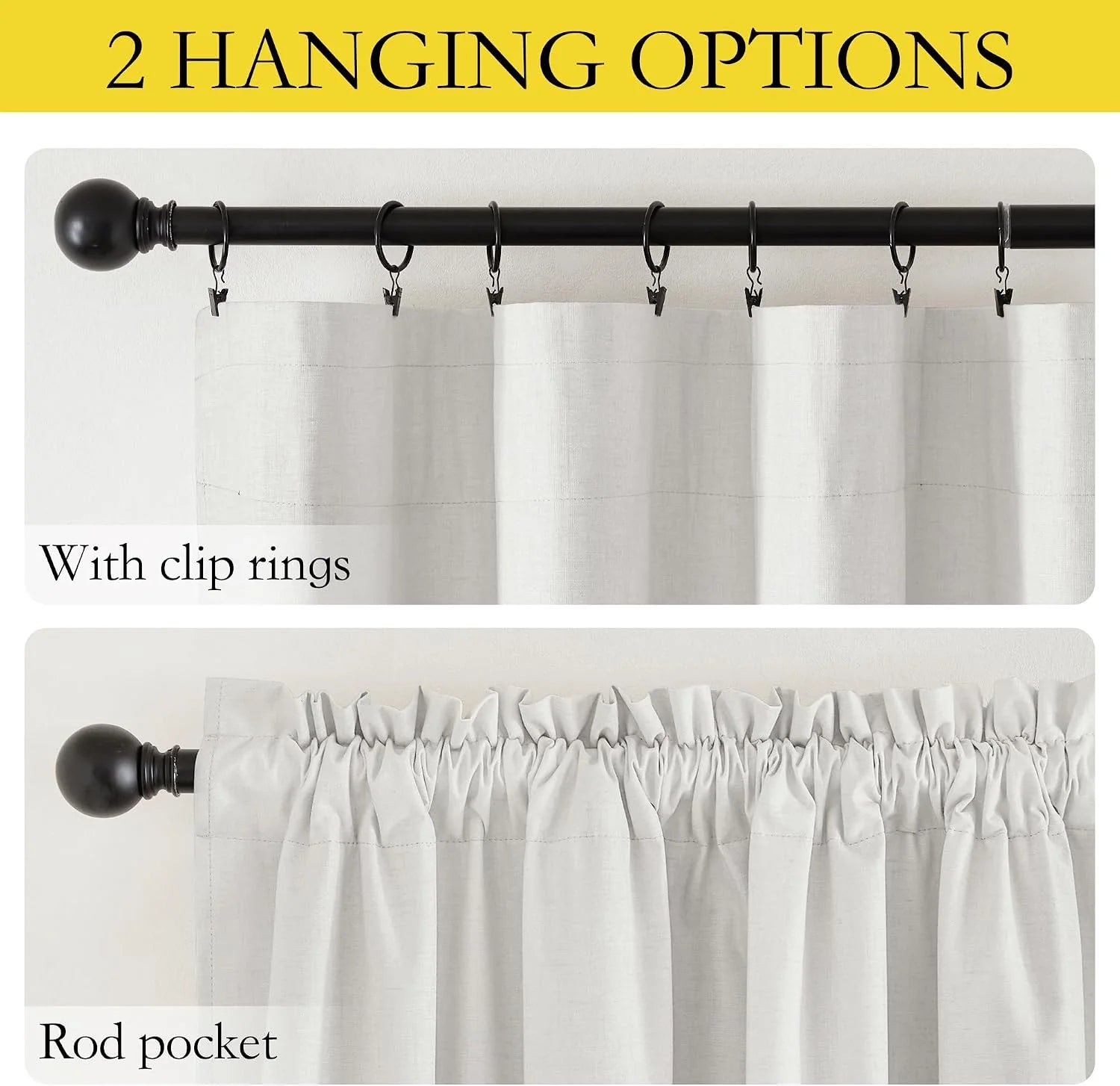 White sheer curtain panel shown with clip rings and rod pocket hanging options