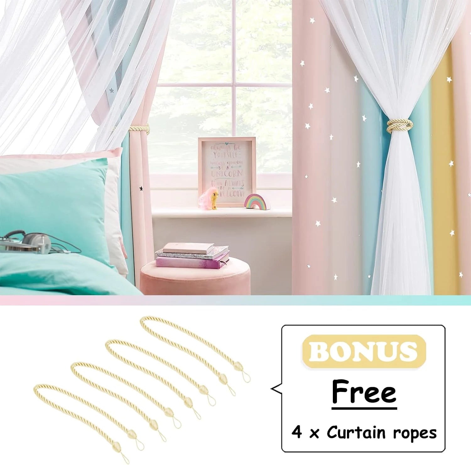 White sheer curtains with gold rope tiebacks in a pastel kids bedroom window