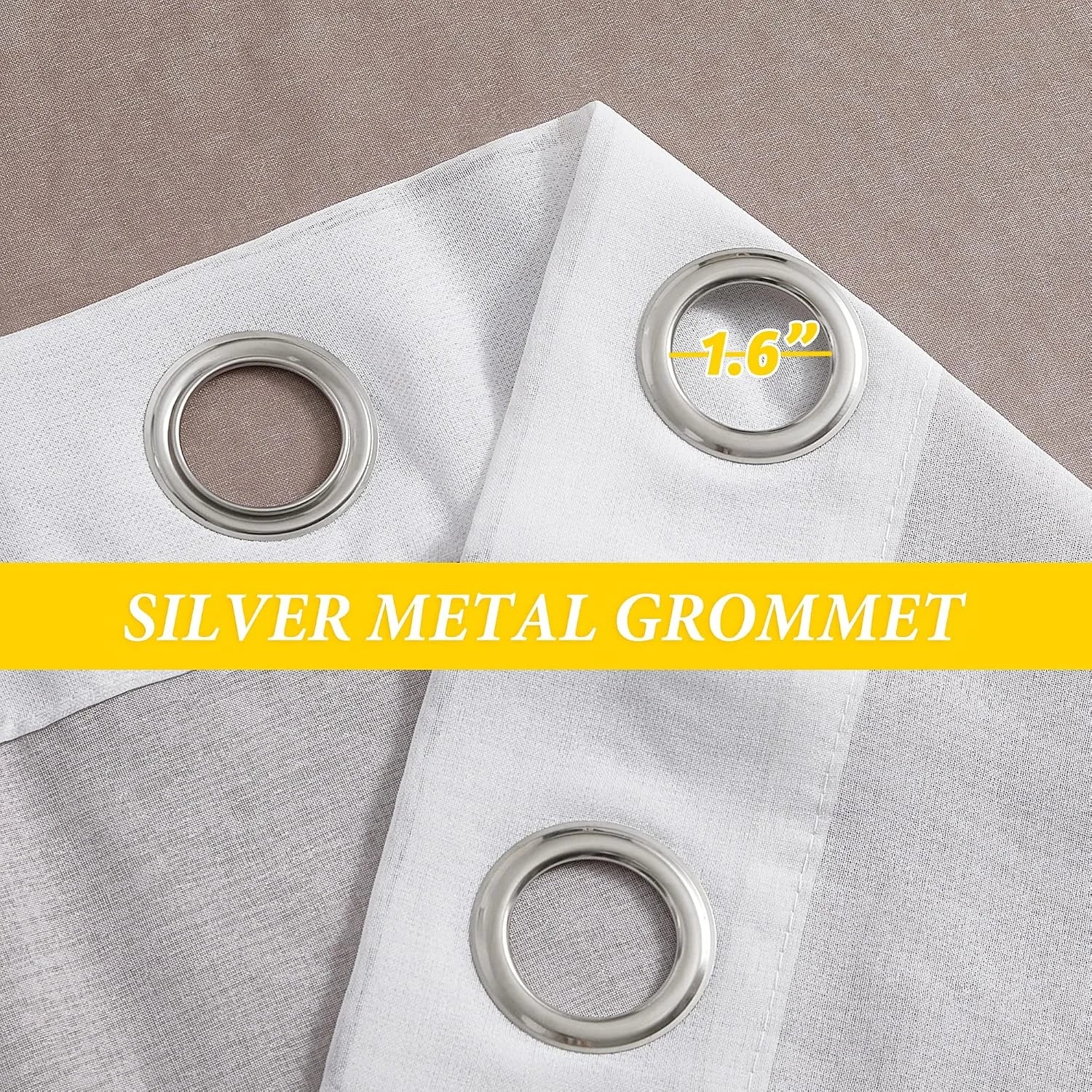 White sheer curtain panel with silver metal grommets and 1.6 inch inner diameter