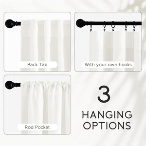 White sheer curtains displayed with three hanging options: back tab, rod pocket, and clip hooks.