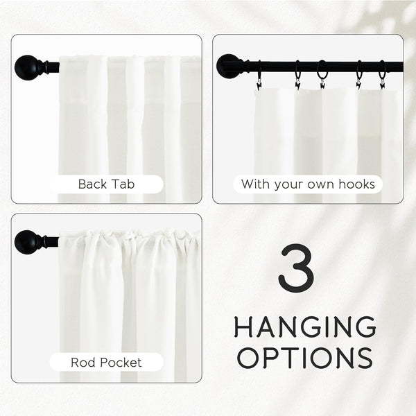 White sheer curtains displayed with three hanging options: back tab, rod pocket, and clip hooks.