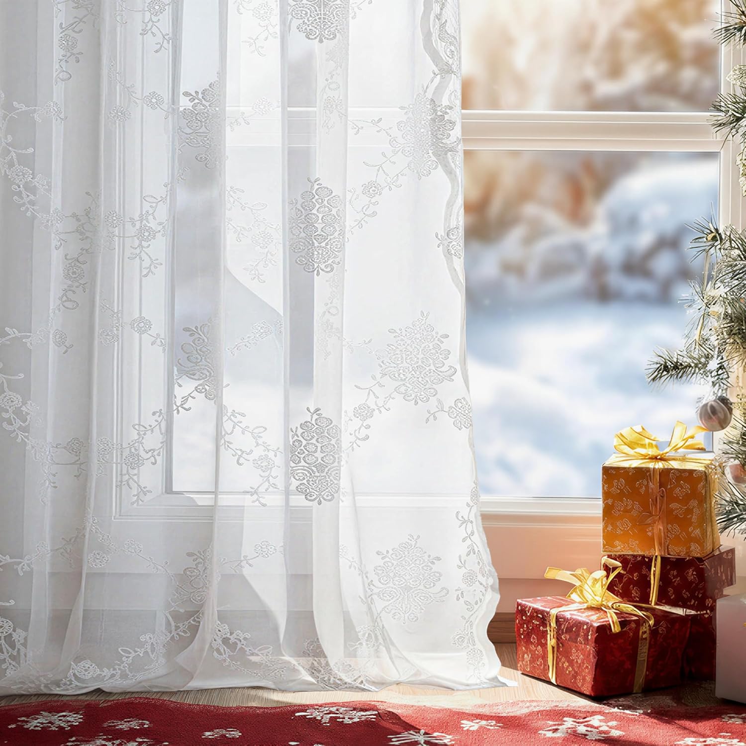 White sheer embroidered curtains featuring floral and snowflake patterns, filtering bright light.