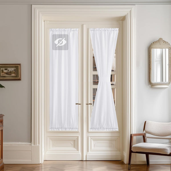 White sheer rod pocket curtains for French doors, one panel straight, the other tied back.
