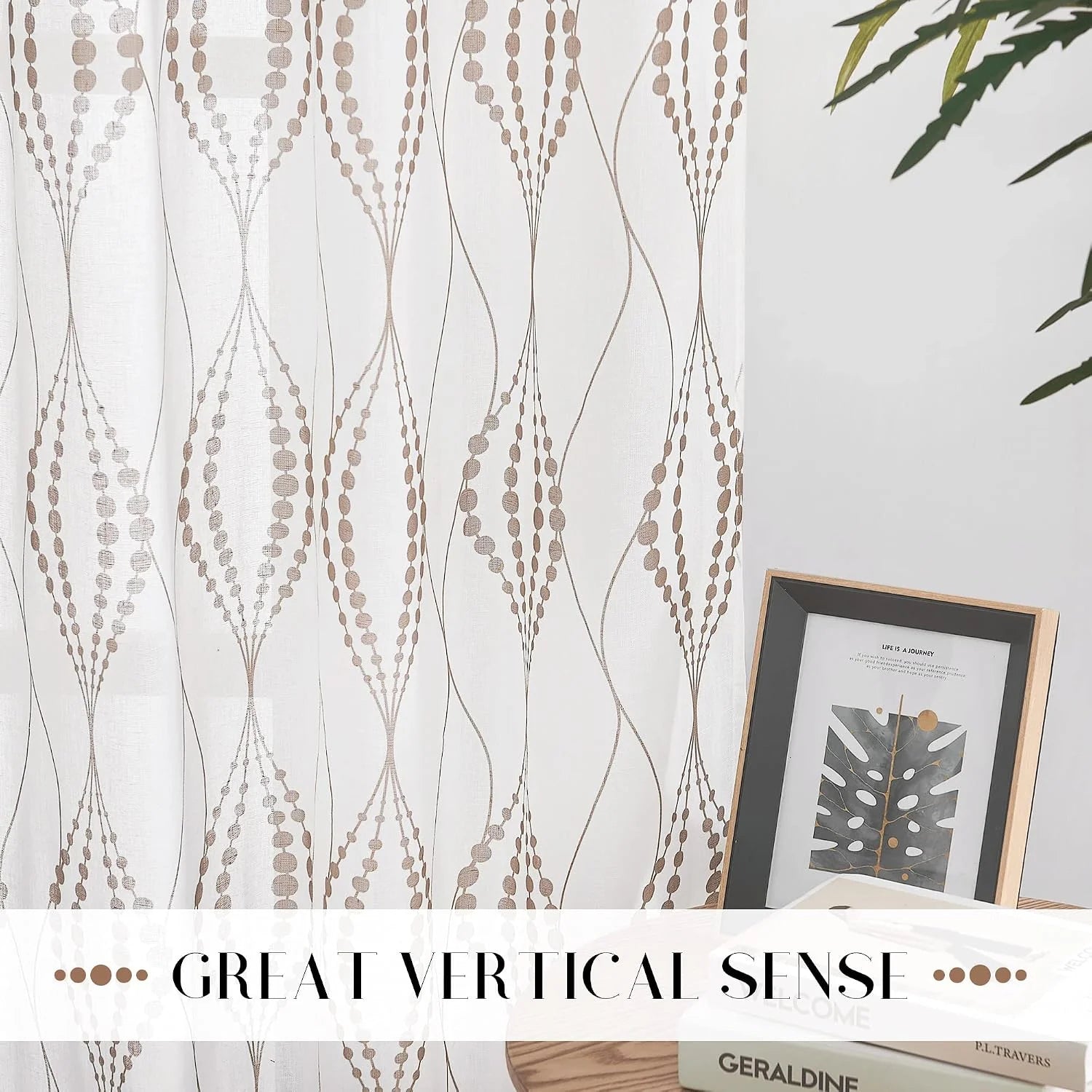 White sheer curtain panel with beige geometric vertical pattern in a modern room