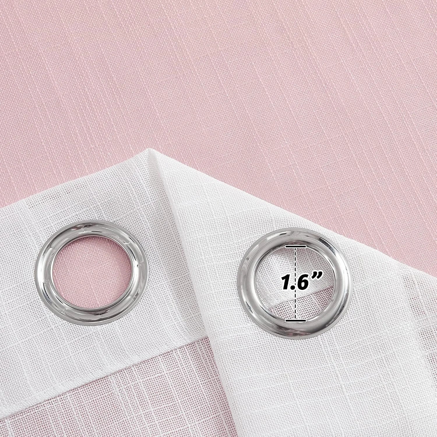 Close-up of white sheer curtain header with silver metal grommets, 1.6-inch inner diameter