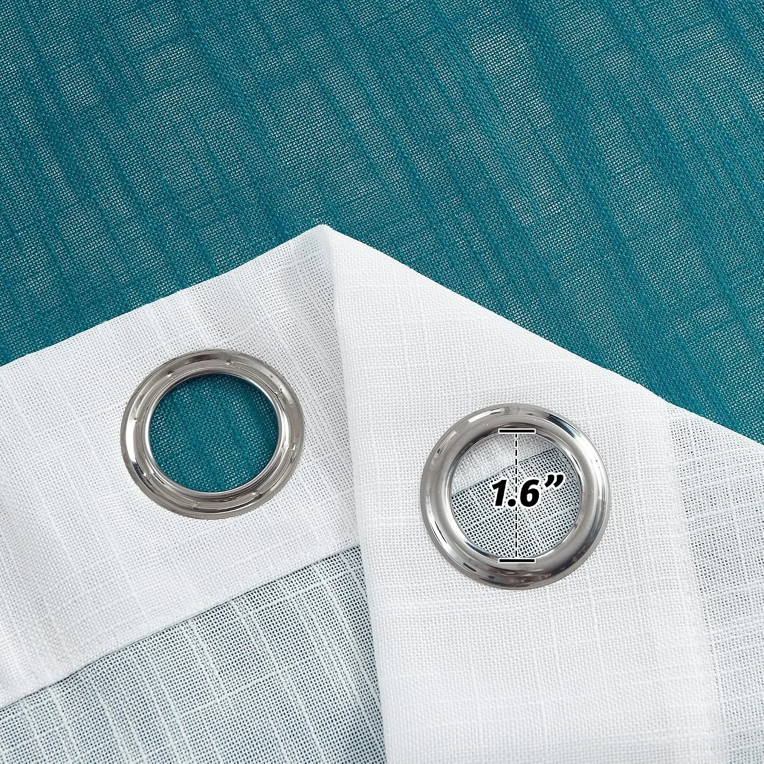 White sheer curtain panel with silver grommets and 1.6 inch inner diameter detail