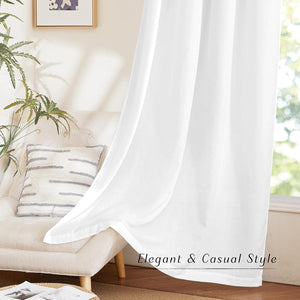 Flowing white sheer curtain made from lightweight linen-blend fabric, styled elegantly by a sunlit window.