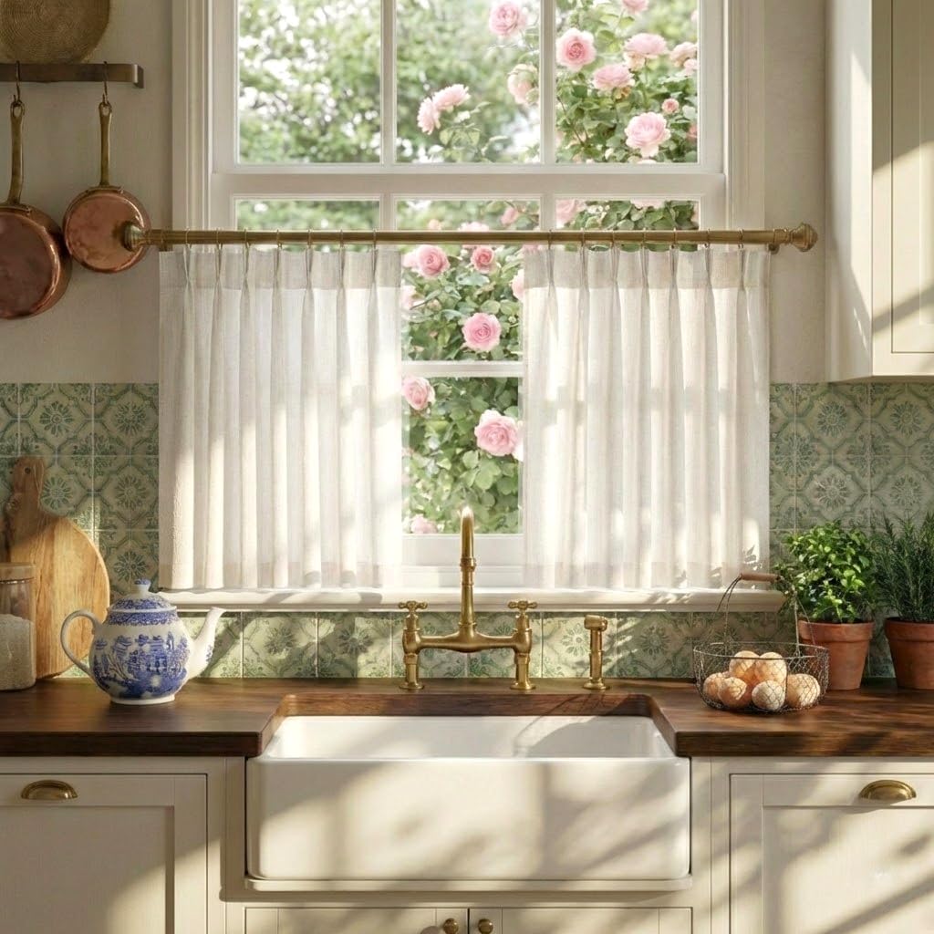 White sheer linen-look cafe curtains hung on a gold rod in a sunny kitchen window, with pink roses visible.