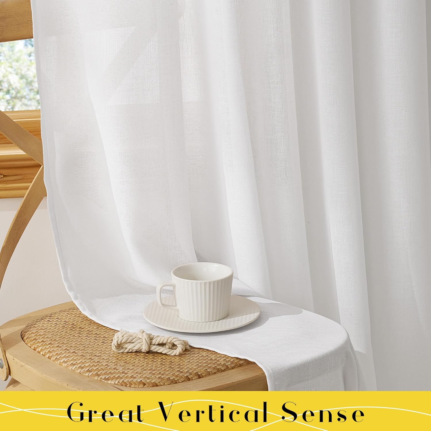 White sheer linen-look curtain, filtering natural light. Soft fabric drapes elegantly beside a window.