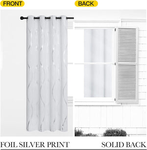 White blackout curtain with silver foil wave pattern and grommet top. Solid white back for light blocking.