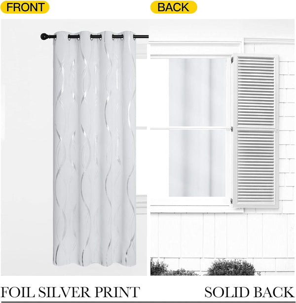 White blackout curtain with silver foil wave pattern and grommet top. Solid white back for light blocking.