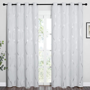 Pair of white fabric curtains with shimmering silver wavy pattern and black grommet tops