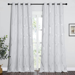 Modern white panel curtains with shimmering silver wavy pattern and silver grommet tops on a black rod.
