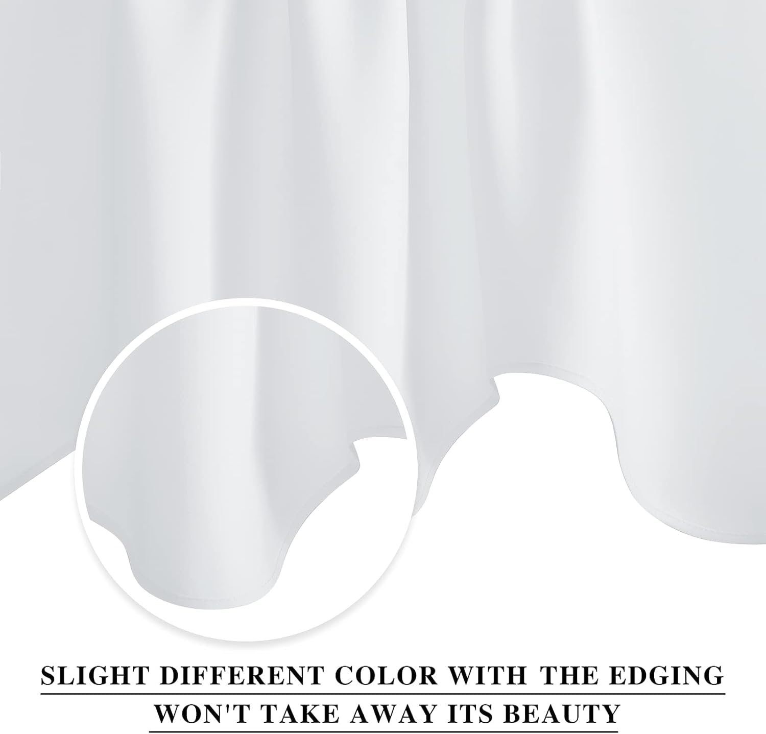 Close-up of smooth white fabric, likely a curtain, showing a detailed finished hem.