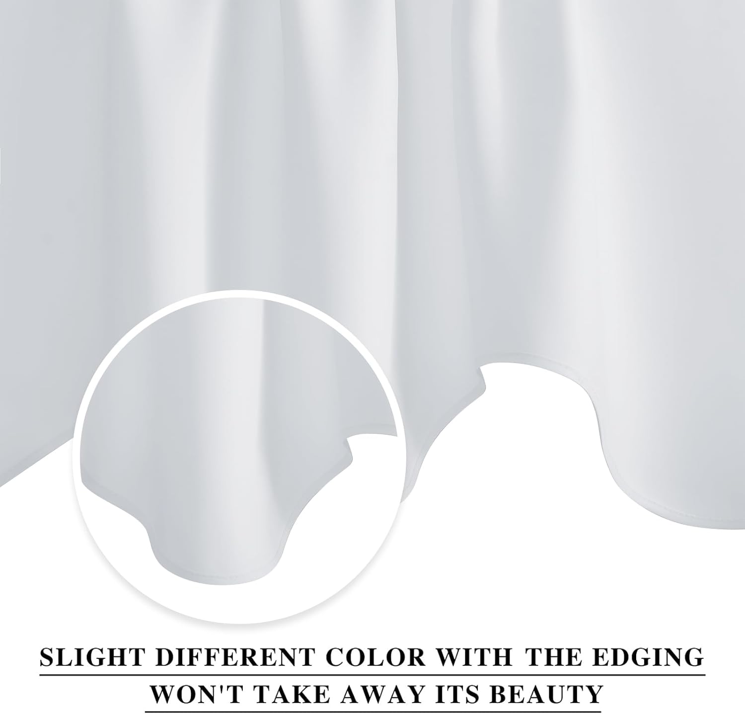 Close-up of a smooth white fabric curtain panel, showing the neatly finished bottom hem.