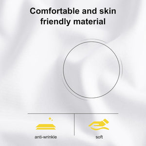 Close-up of white, comfortable, and skin-friendly fabric texture. Icons show anti-wrinkle and soft properties.