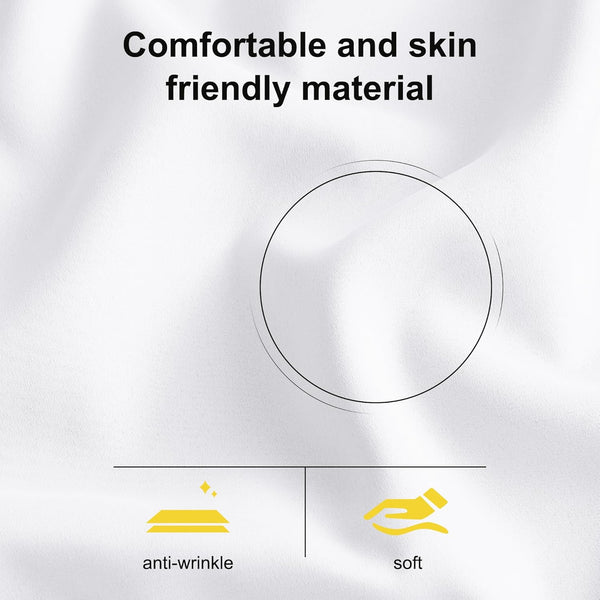 Close-up of white, comfortable, and skin-friendly fabric texture. Icons show anti-wrinkle and soft properties.